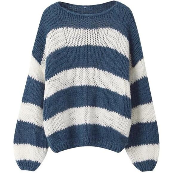 NEW Women's Oversized Striped Sweater Color Block Blue and White Size MEDIUM - Picture 1 of 3
